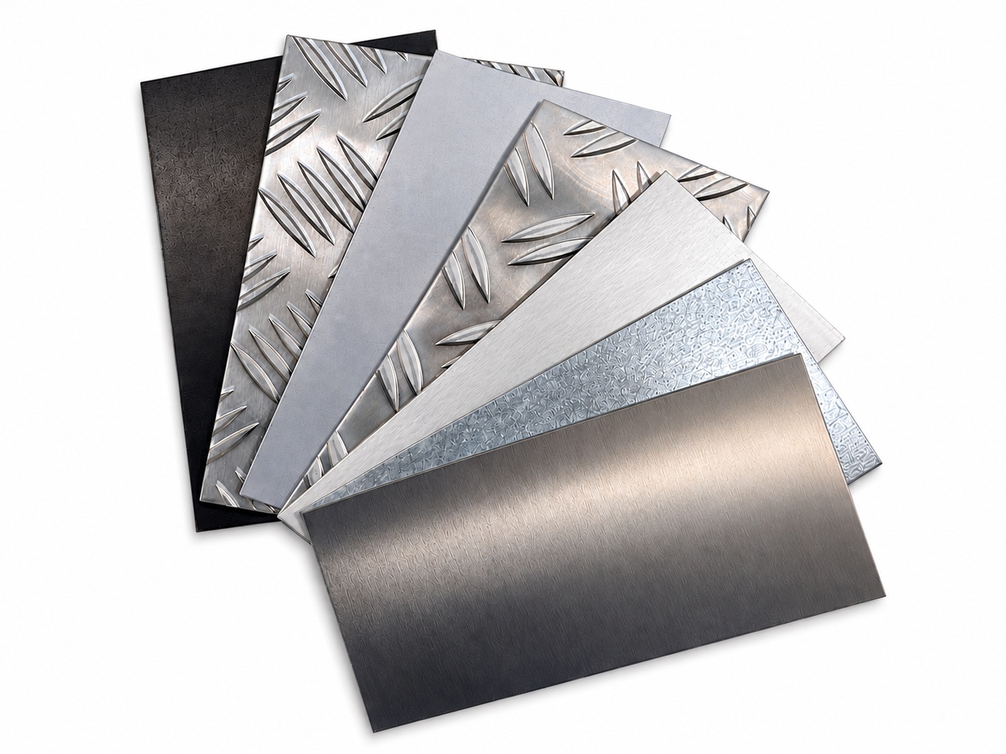 Verschiedene Metallbleche zeigen unterschiedliche Oberflächen und Strukturen für individuelle Zuschnitte und Projekte.