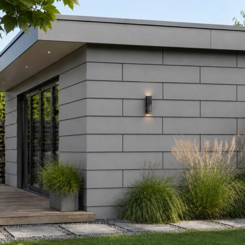 Eine silbergraue HPL-Fassadenverkleidung gestaltet die moderne Außenwand eines Hauses.