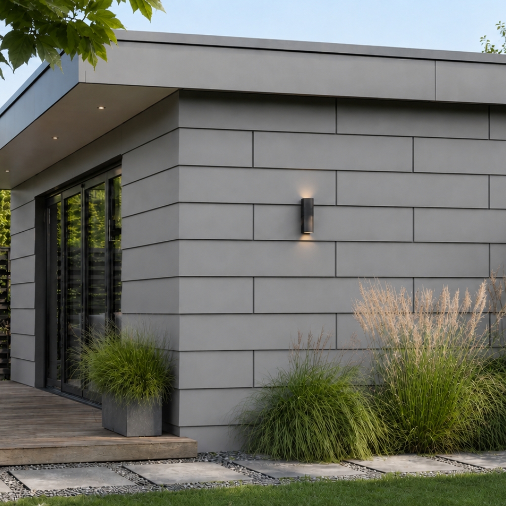 Eine silbergraue HPL-Fassadenverkleidung gestaltet die moderne Außenwand eines Hauses.