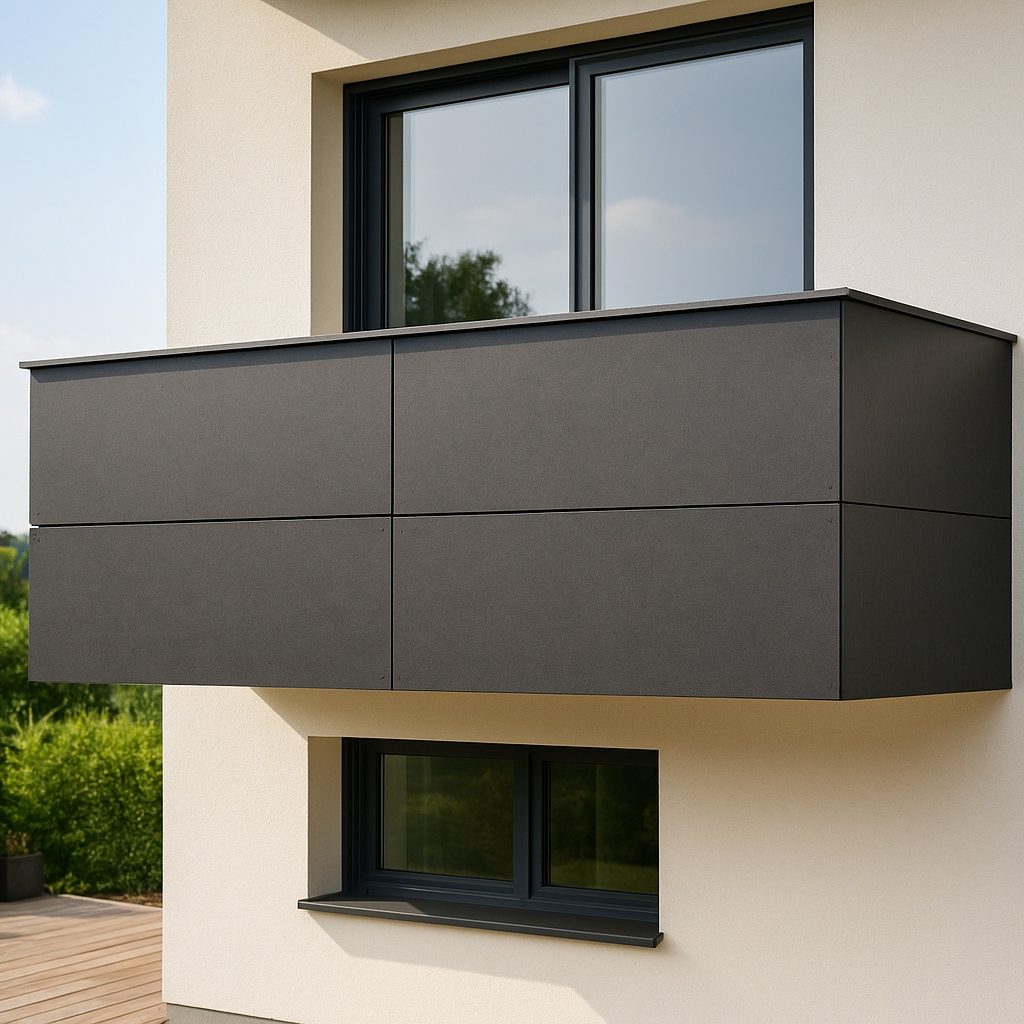 Moderner Balkon mit anthrazitfarbenen HPL-Platten als Fassadenverkleidung.