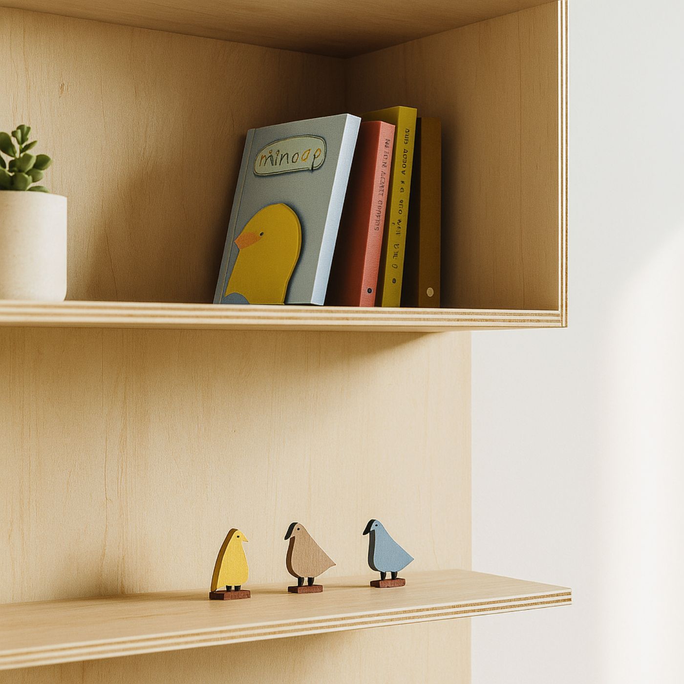 Multiplexregal mit Büchern, Holzfiguren und kleiner Pflanze dekoriert.