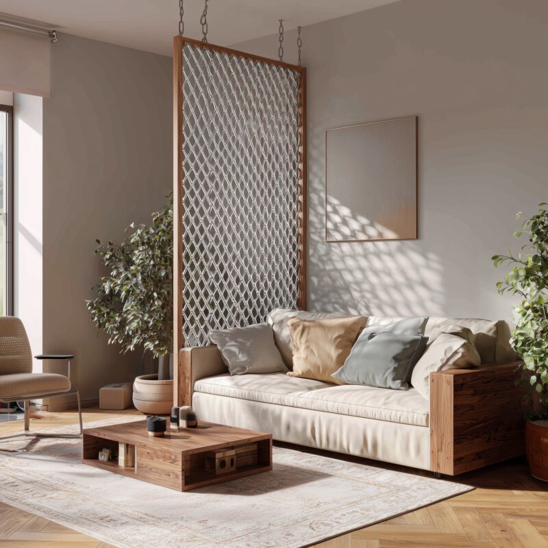 Raumteiler mit Braid-Dekorblech und Holzrahmen im Wohnzimmer.