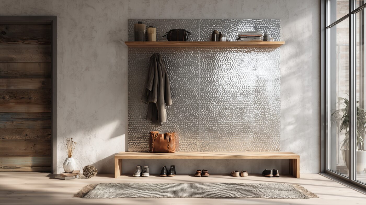 Schuhregal mit Hammerschlag-Blech-Rückwand im Eingangsbereich.