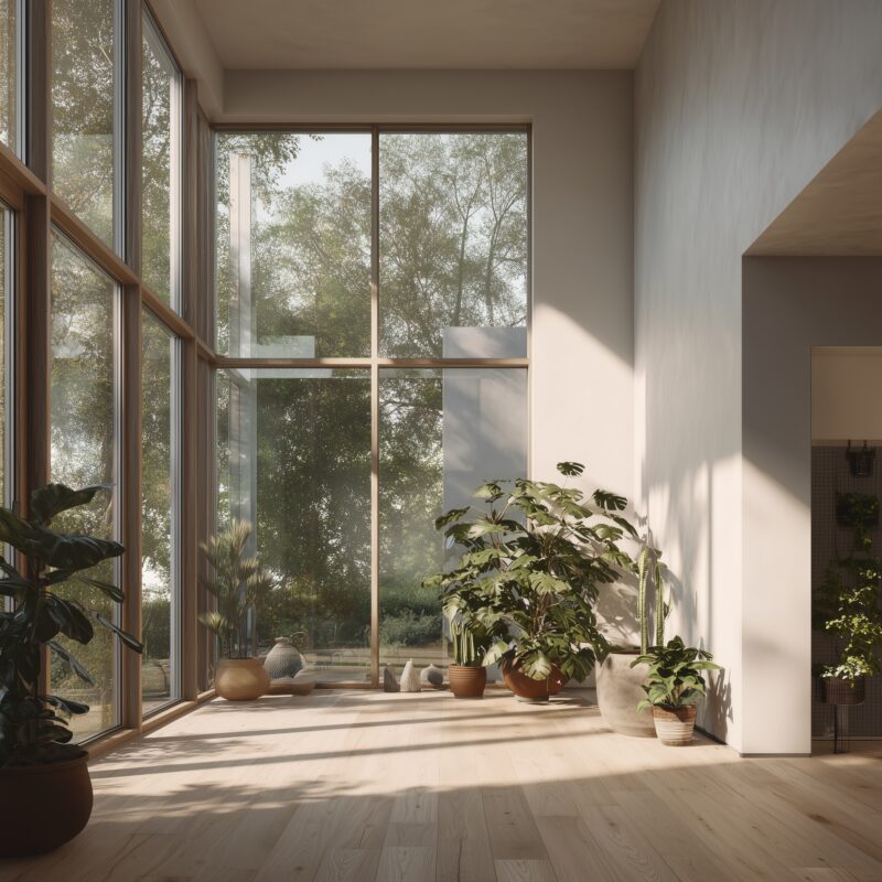 Große Fensterfront mit ESG-Weißglas für nachhaltiges Wohnen.