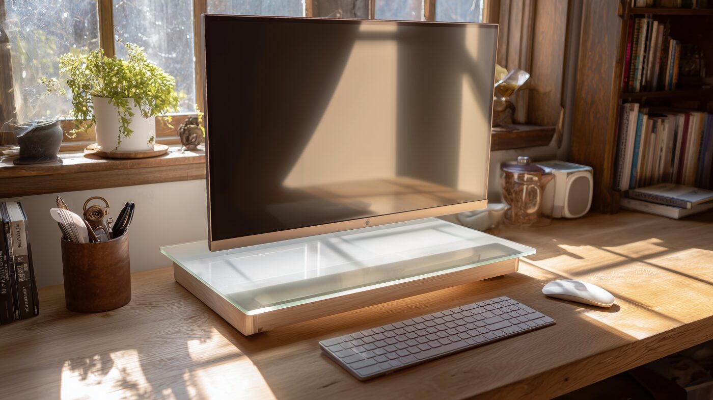 Schreibtischaufsatz aus recyceltem Weißglas im Homeoffice.