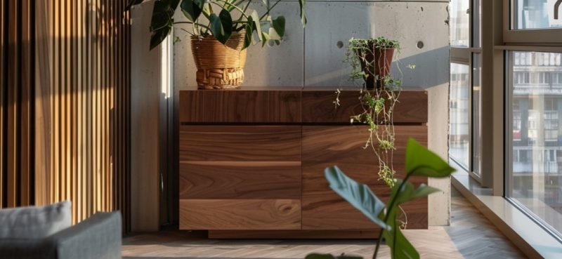 Ein Sideboard aus Nussbaumholz steht neben Pflanzen in einem hellen Raum.