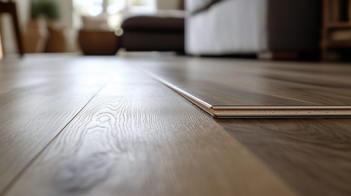 Laminatdielen mit sichtbarer Nut-Feder-Verbindung beim Verlegen.