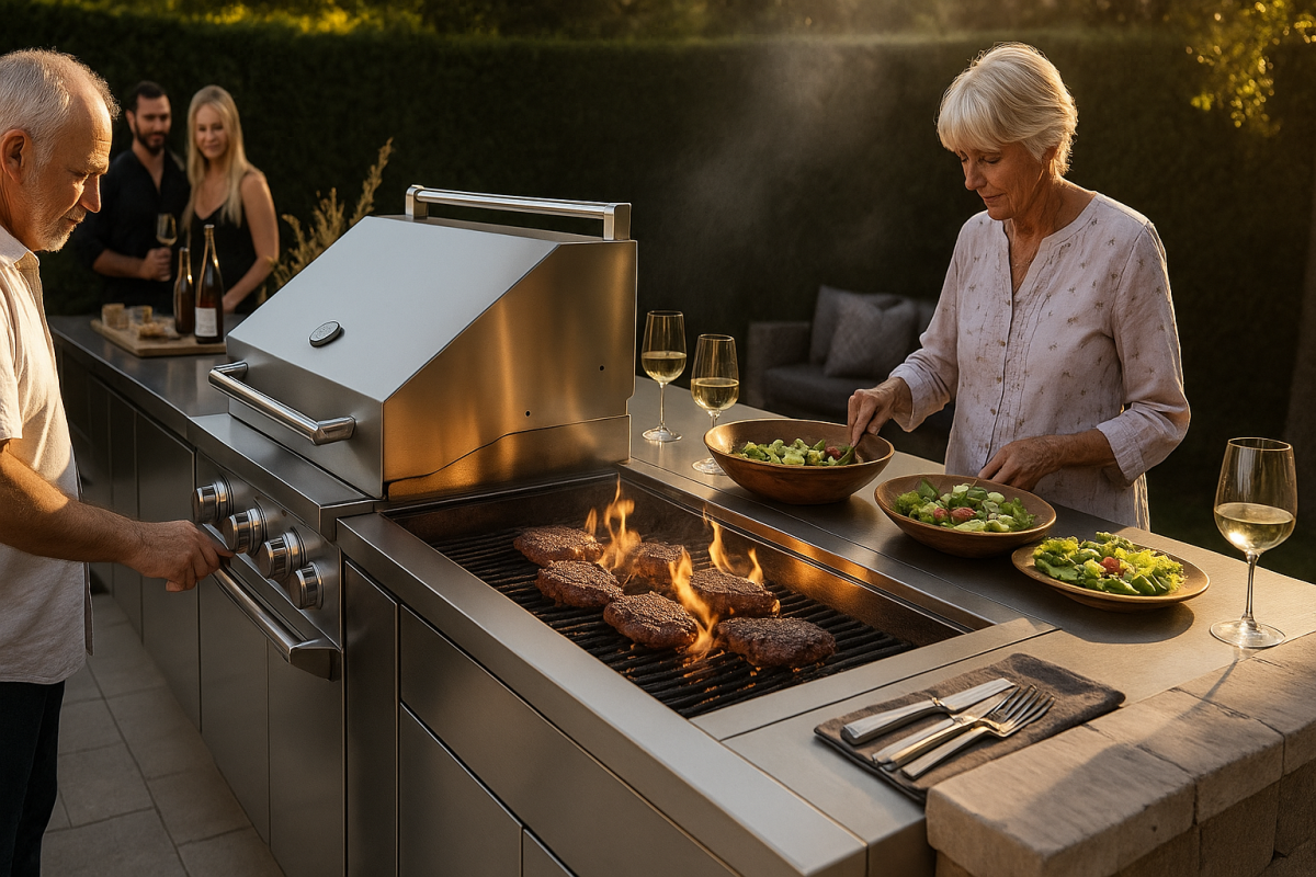 Personen grillen Burger und bereiten Salate an einer Outdoor-Edelstahl-Küche vor.