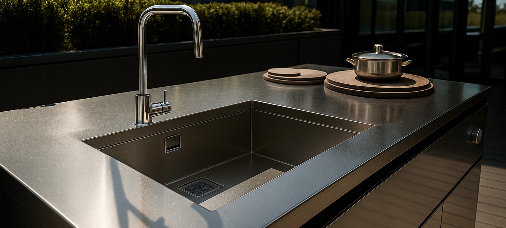 Moderne Outdoor-Küche mit Edelstahlspüle, Kochfeld und minimalistischem Design bei Sonnenlicht.