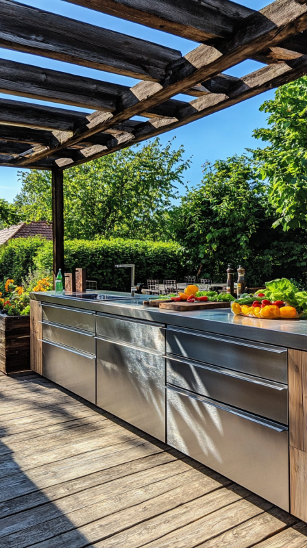 Edelstahl Outdoor-Küche unter Pergola mit frischem Gemüse.