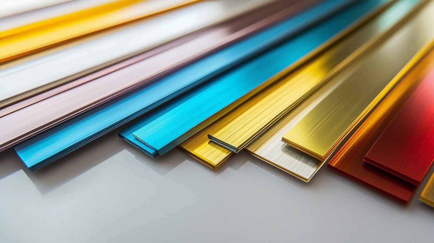 Bunte Aluminiumproben mit eloxierter Oberfläche in Nahaufnahme
