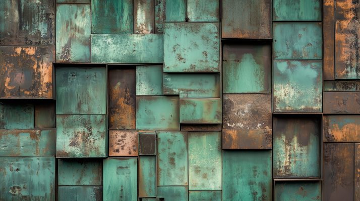 Grün oxidierte Kupferfassade eines modernen Gebäudes.