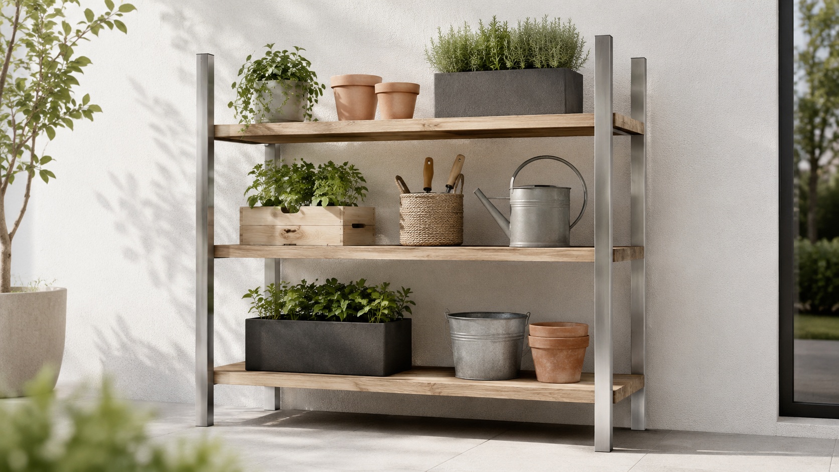 Ein Gartenregal aus Aluminiumrahmen trägt Holzablagen, Pflanzen und Werkzeug.