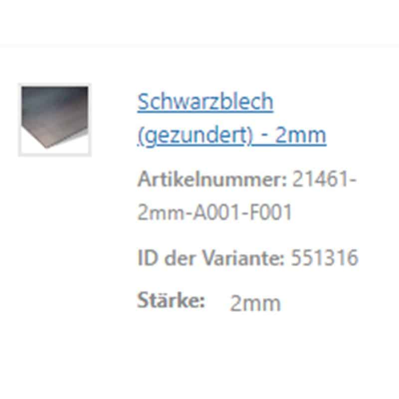 Eine Produktbeschreibung beschreibt eine zwei Millimeter starke Platte aus gezundertem Schwarzblech.