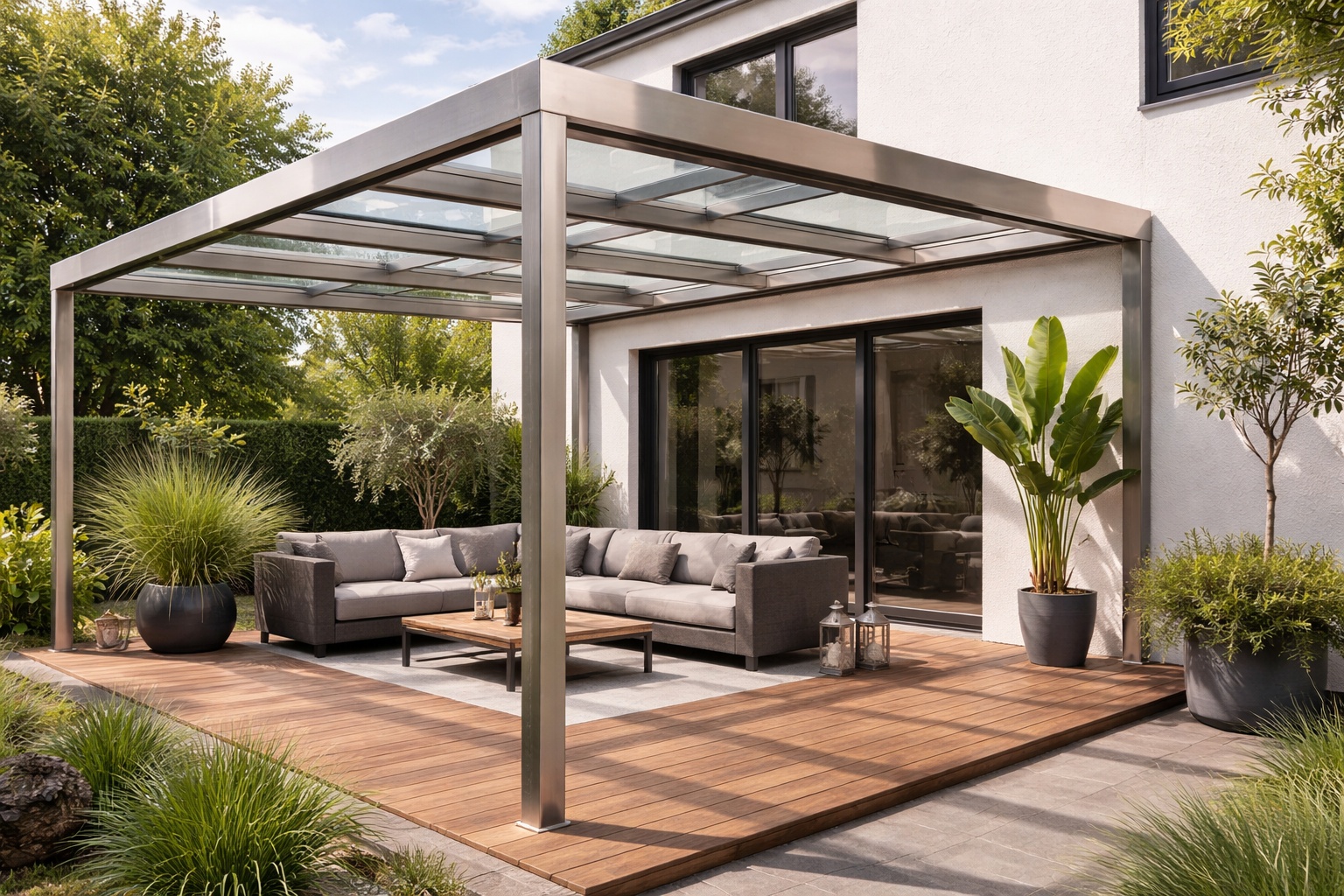 Eine Terrassenüberdachung besteht aus Edelstahl-Rechteckrohren und trägt ein klares Glasdach im Außenbereich.