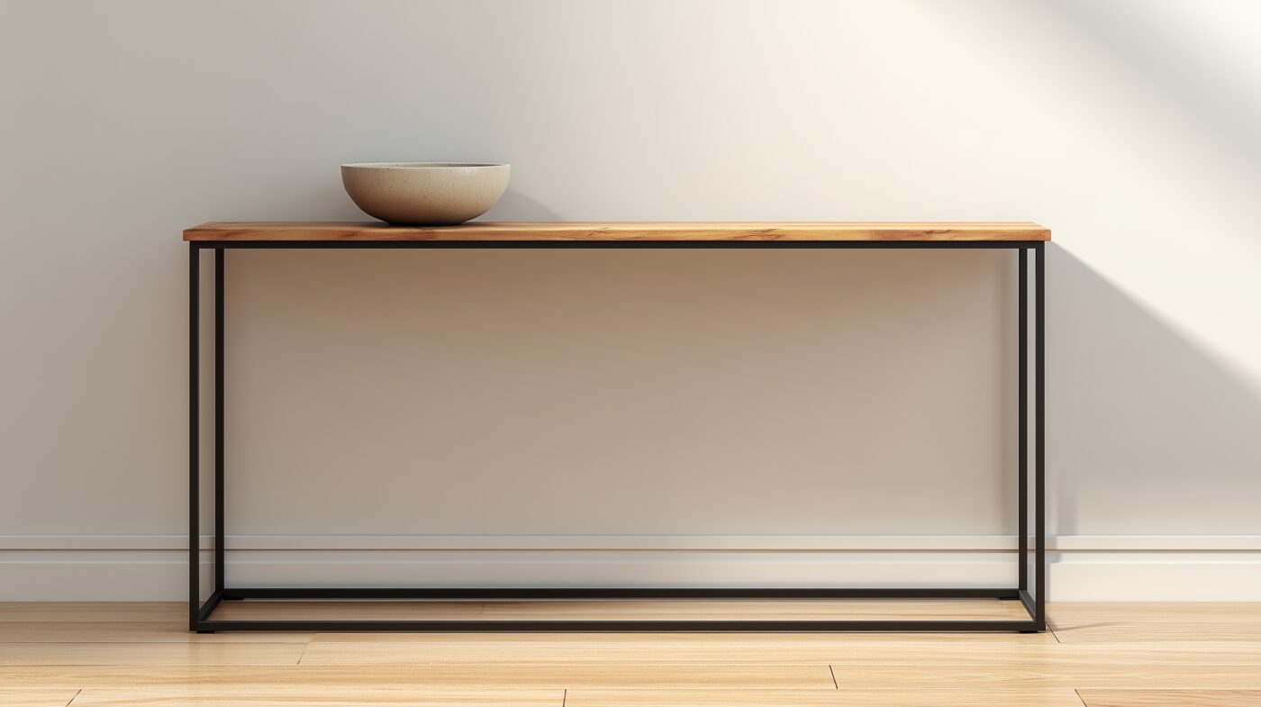 Rechteckrohr-Kommode mit Holzplatte im Flur.