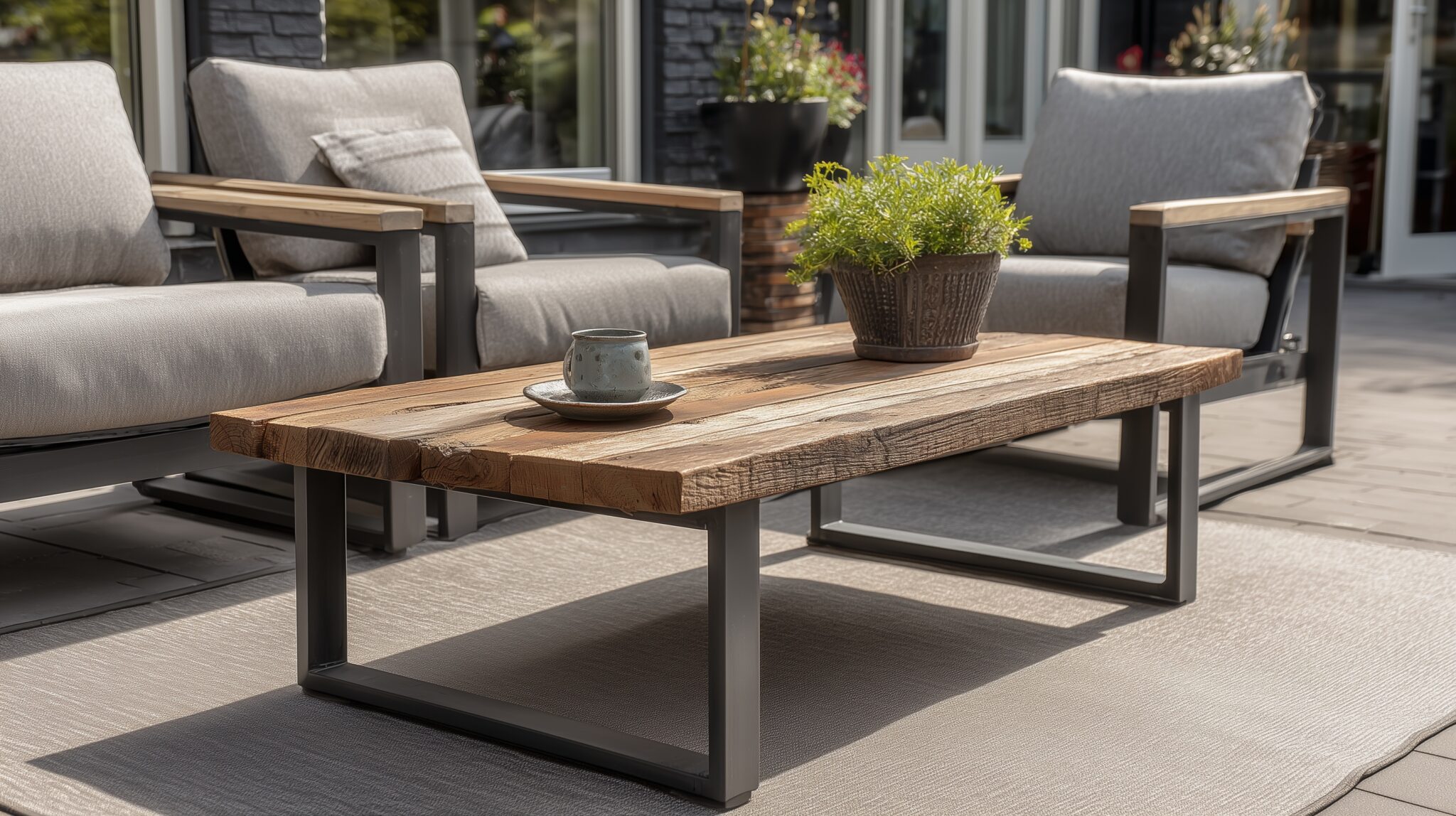 Terrassentisch aus Rechteckrohr auf Terrasse vor einer Sitzfläche.