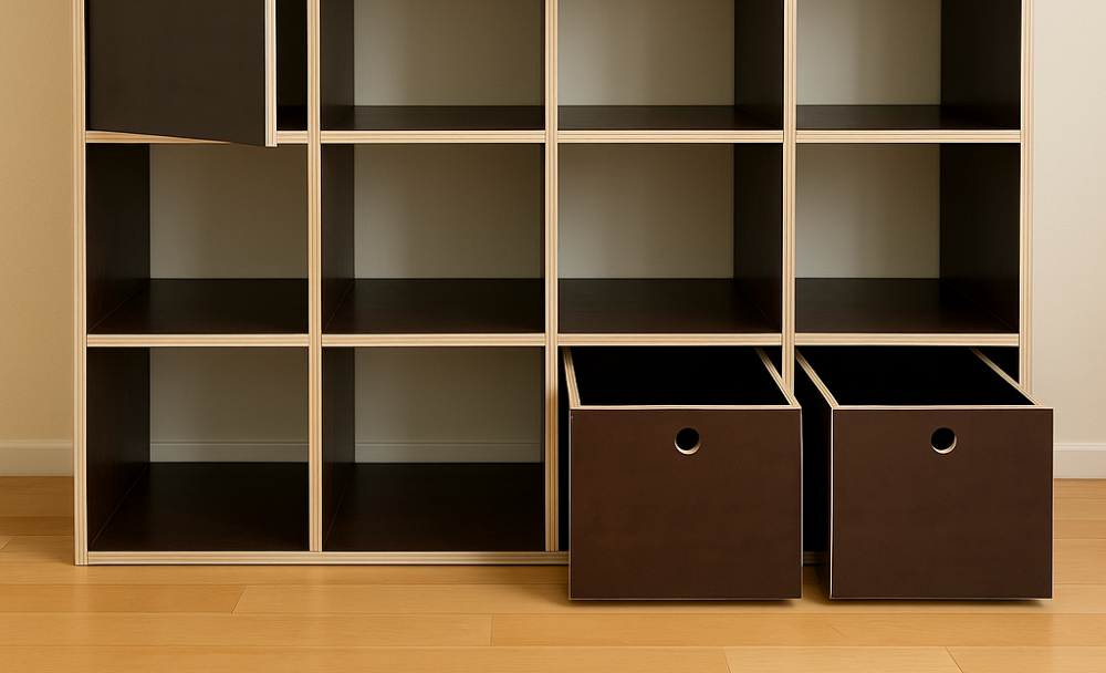 Individuelles Regal-System aus Siebdruckplatten.