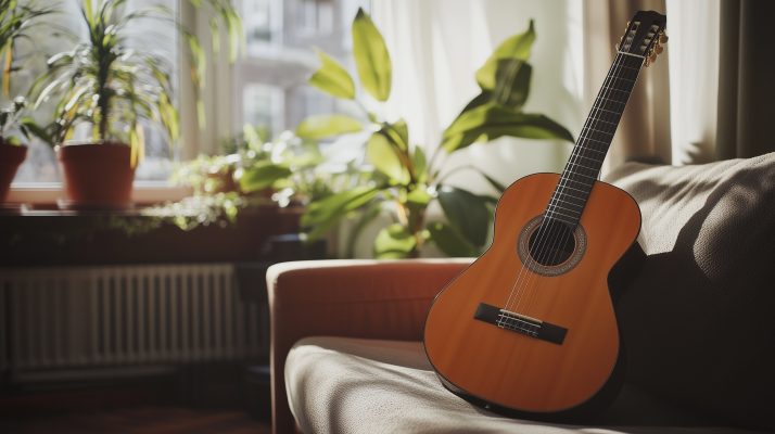 Akustikgitarre aus Resonanzholz auf einem Sofa.