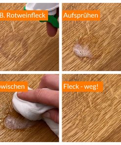 Reinigungsschritte auf Holzoberfläche: Fleck besprühen, abwischen, Rotweinfleck entfernt.