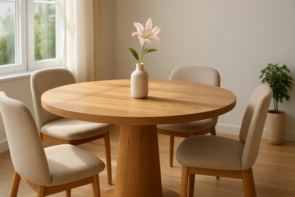 Runder Holztisch mit Blume und vier Stühlen.