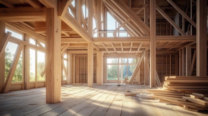 Schnittholz wird für die tragende Struktur eines Holzhauses verwendet.