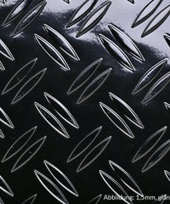 Nahaufnahme eines schwarzen Aluminium-Tränenbleches mit markanter Riffelstruktur.