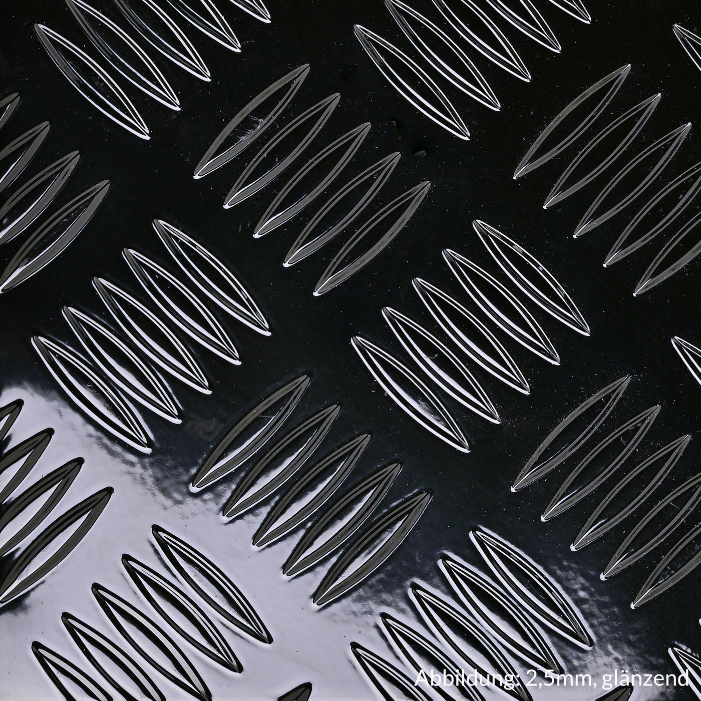 Nahaufnahme eines schwarzen Aluminium-Tränenbleches mit markanter Riffelstruktur.