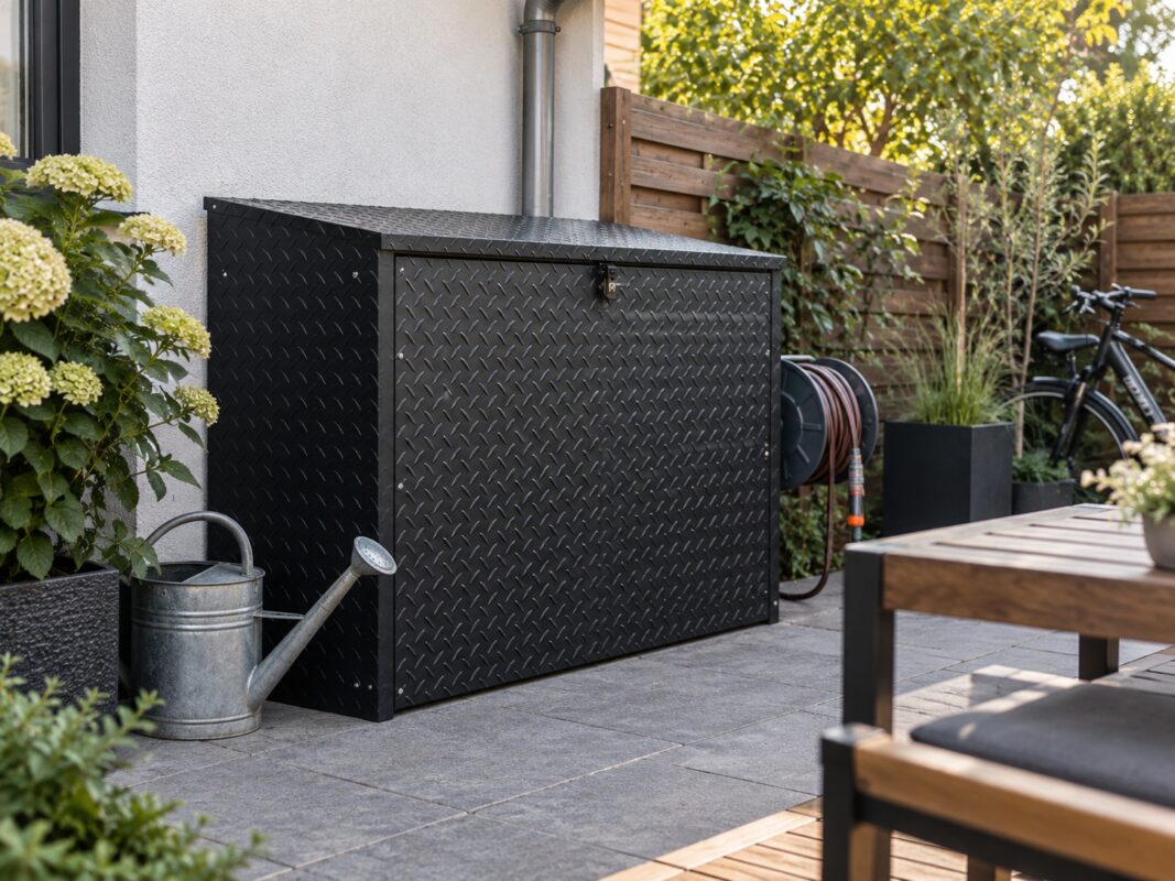 Schwarzes Riffelblech ergänzt einen modernen Außenbereich mit Terrasse, Gartenmöbeln und natürlicher Begrünung.