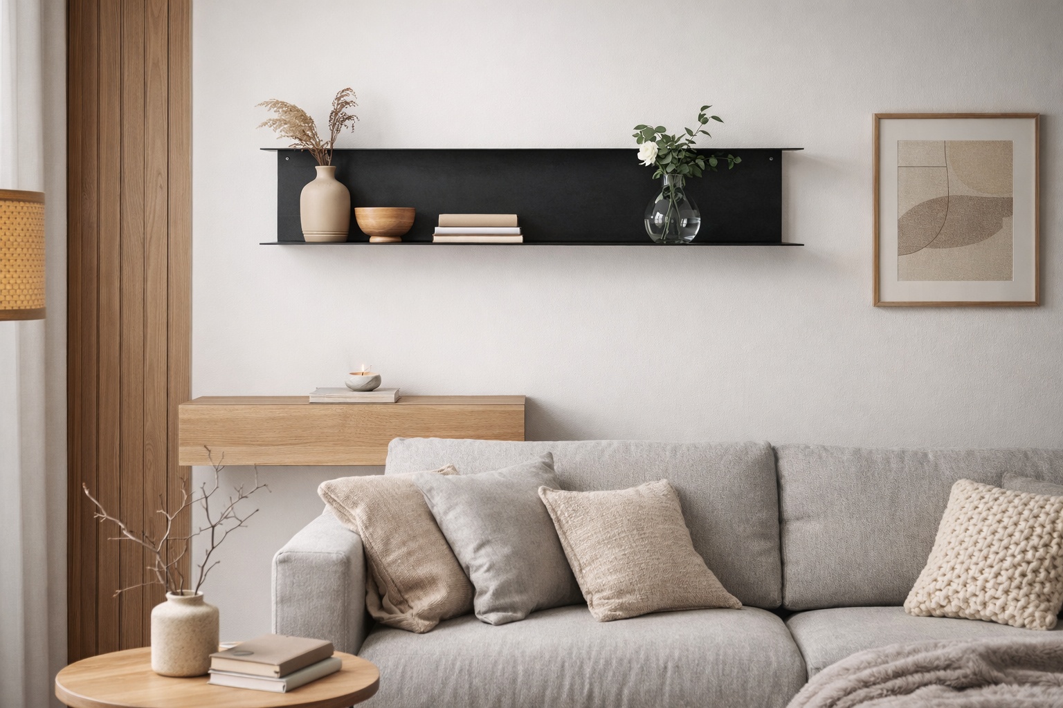Wohnzimmer mit Schwarzstahl-Regal kombiniert mit Holz und Textilien.