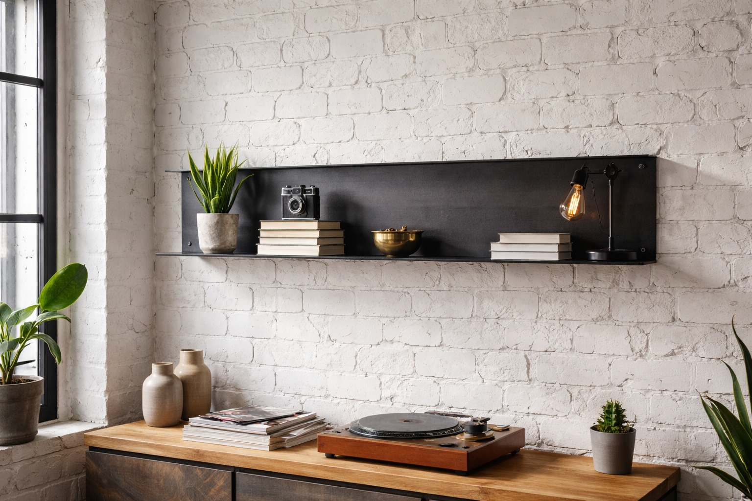 Urbanes Loft mit Wandregal aus gezundertem Schwarzstahl.