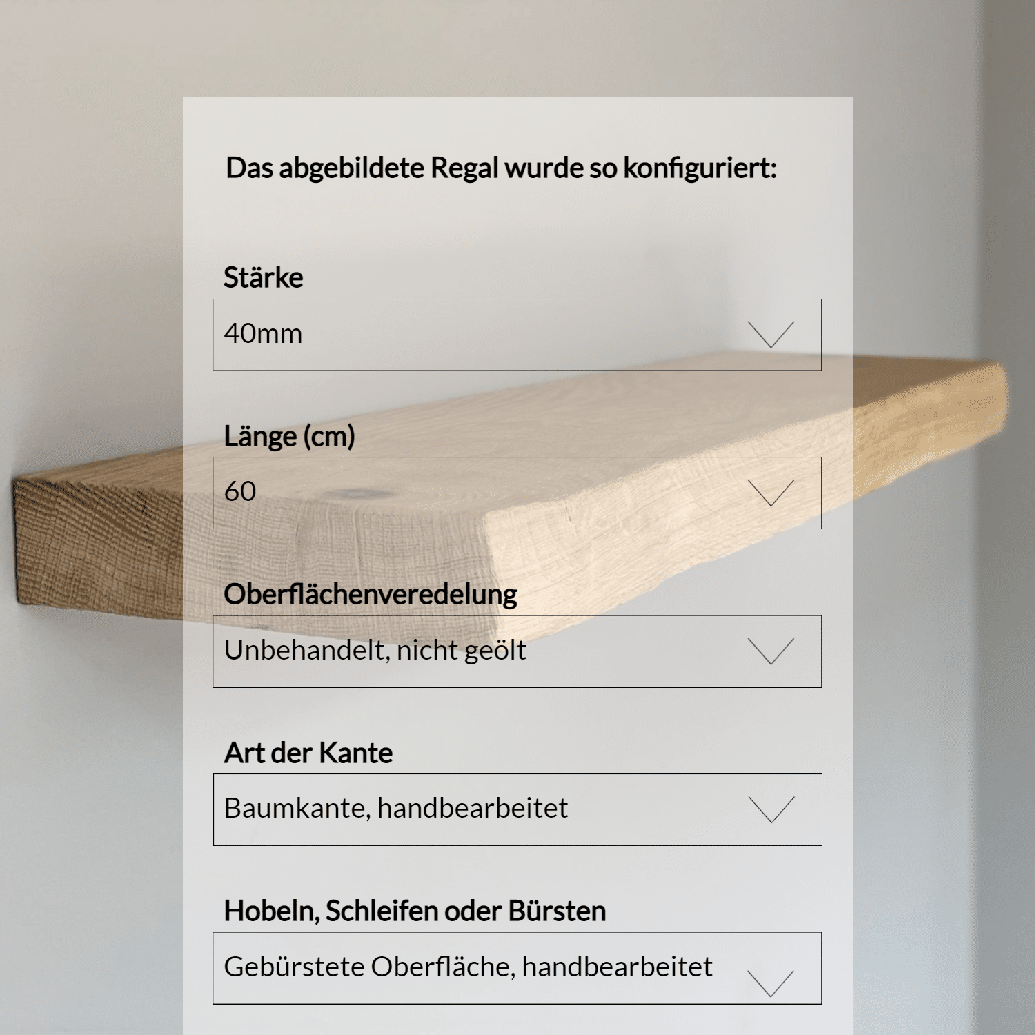 Wandregal mit Baumkante, gebürsteter Oberfläche, ungeölt, 4x20x60