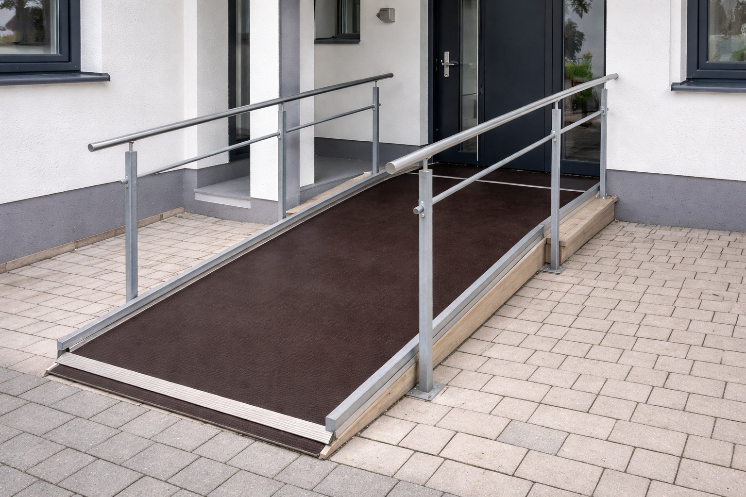 Eine Rampe aus Siebdruckplatten führt zu einem Hauseingang.