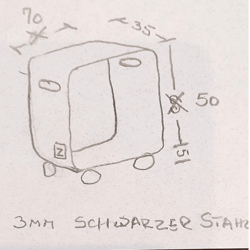 Eine handgezeichnete Skizze zeigt ein Bauteil mit Maßangaben.