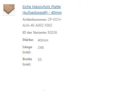 Die Produktdetails beschreiben eine aufgedoppelte Eiche-Massivholzplatte mit vierzig Millimetern Stärke.