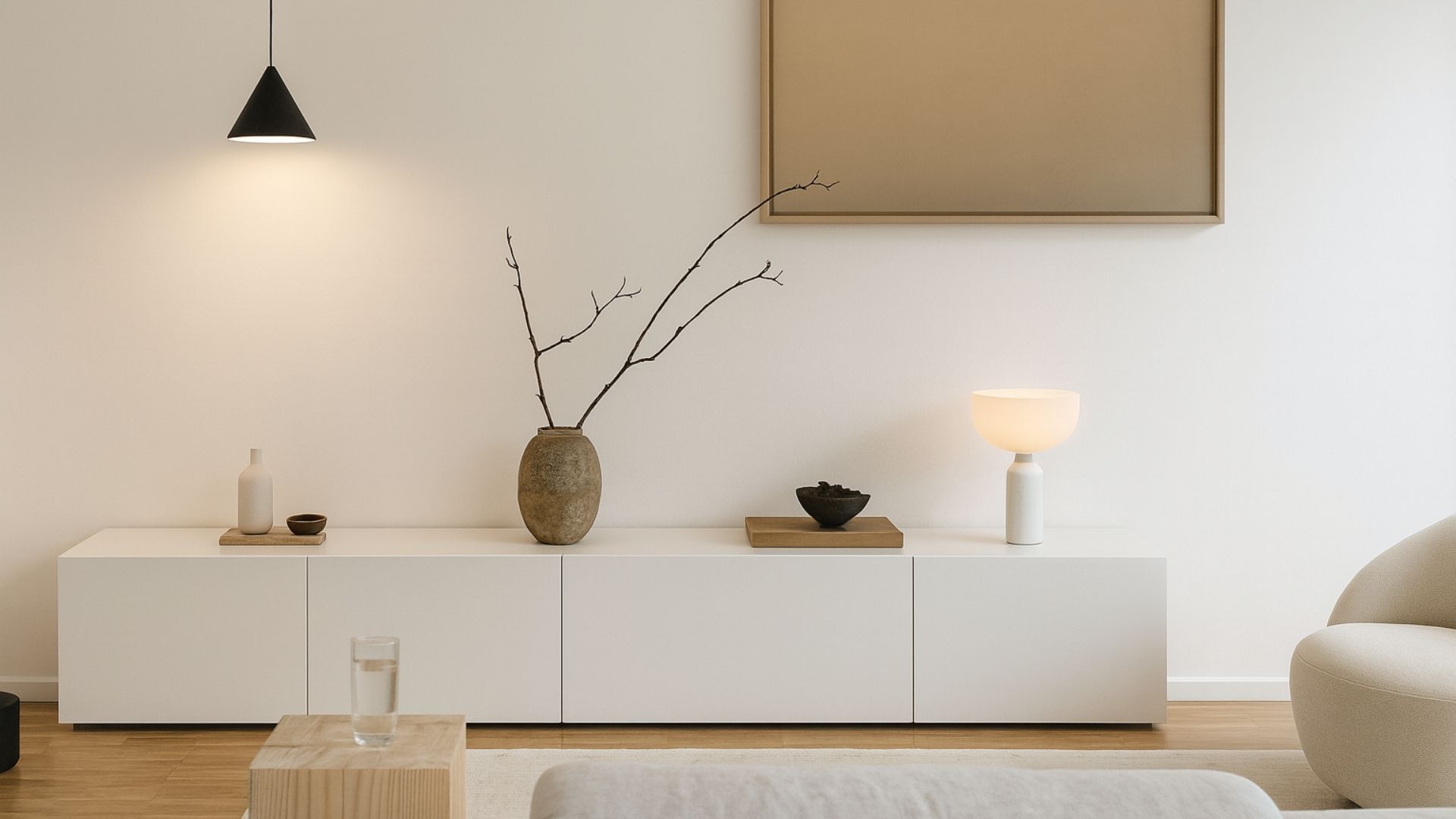 Minimalistisches Wohnzimmer mit Sideboard aus weißem Smart+ Dekor und stilvoller Dekoration.