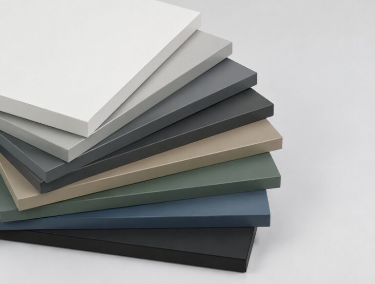 Acht gestapelte Dekorplatten zeigen Uni Weiß, Uni Lichtgrau, Uni Mittelgrau, Uni Anthrazit, Uni Taupe, Uni Olivgrün, Uni Stahlblau und Uni Schwarz.