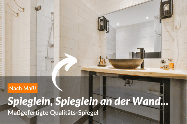 Ein Badezimmer-Waschtisch mit Spiegel wird durch Pfeilgrafik hervorgehoben.