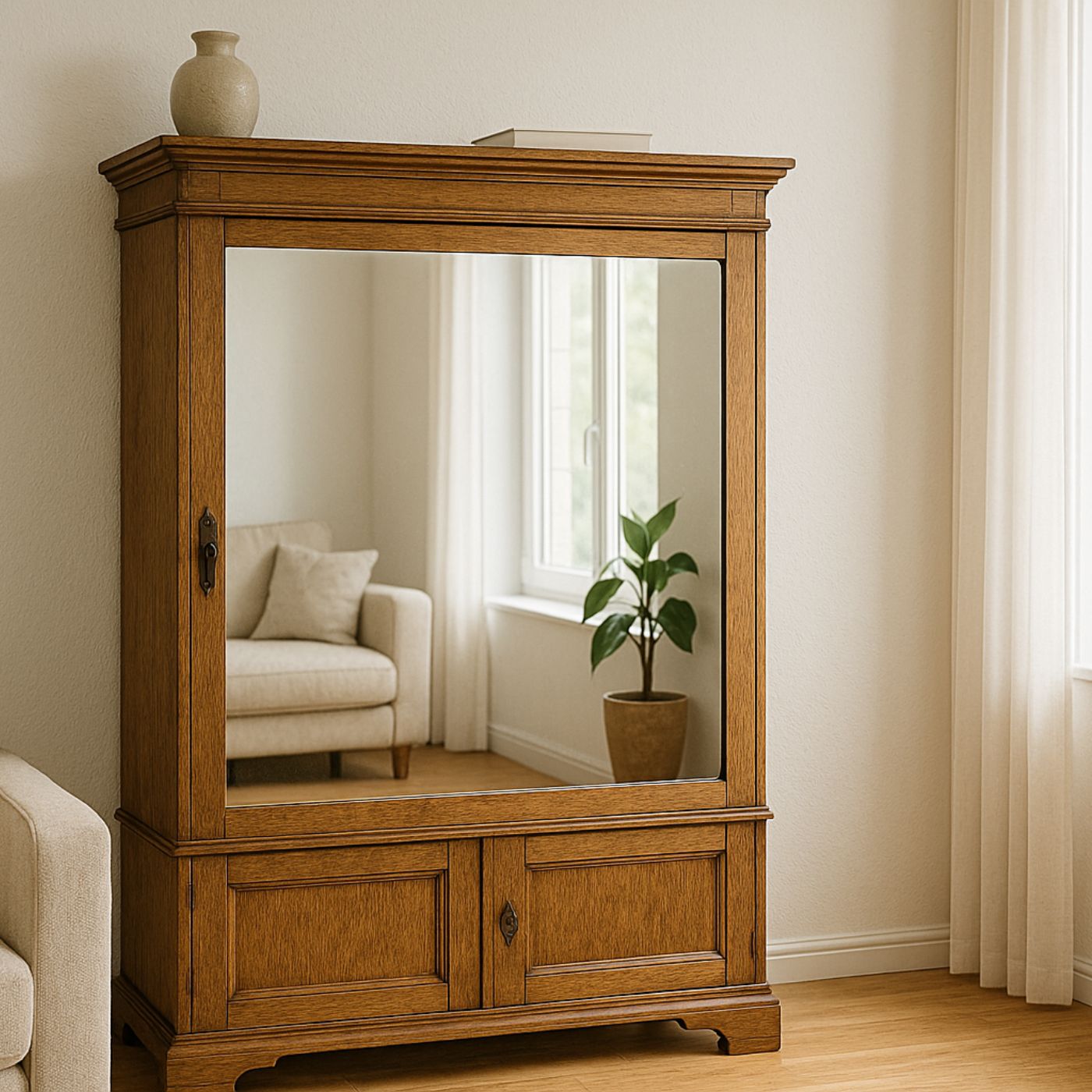 Großer Spiegel im Holzschrank mit spiegeldem Wohnzimmerinterieur.