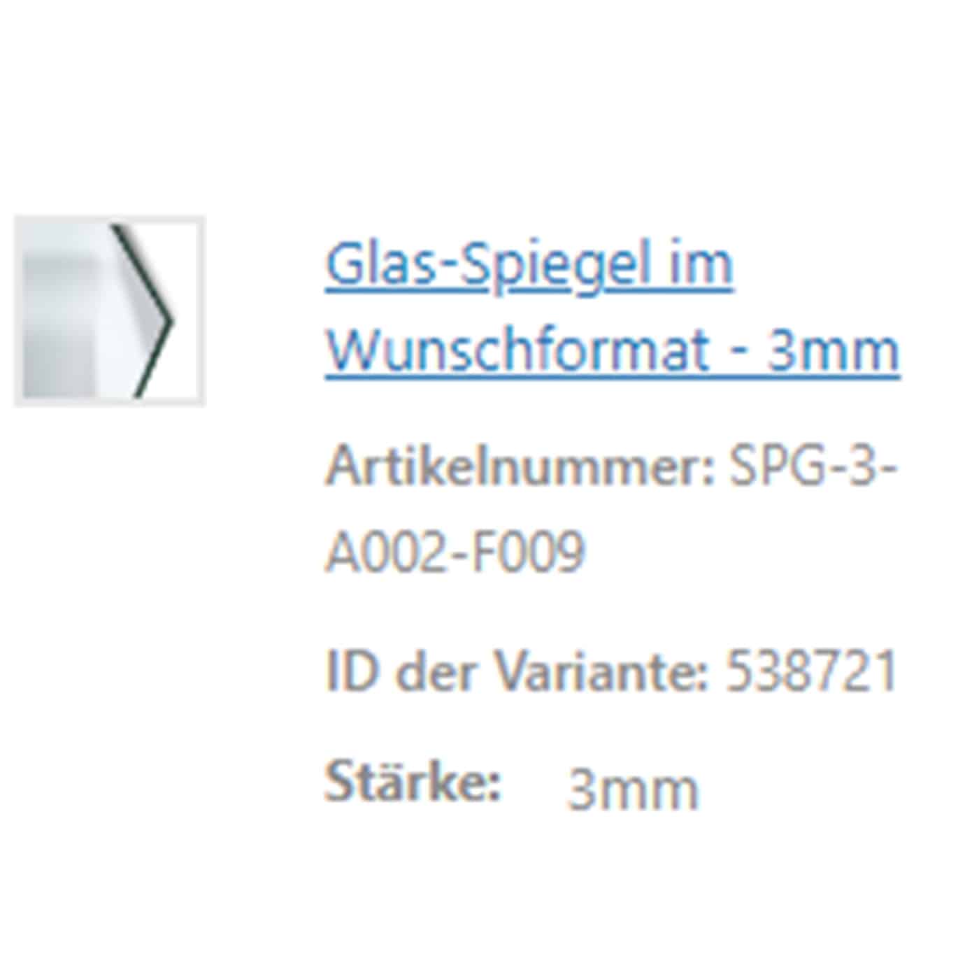 Eine Produktbeschreibung präsentiert einen drei Millimeter starken Spiegel im individuellen Wunschformat.