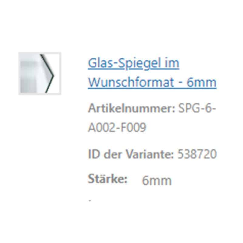 Ein Produkttext beschreibt einen sechs Millimeter starken Glasspiegel im Wunschformat.