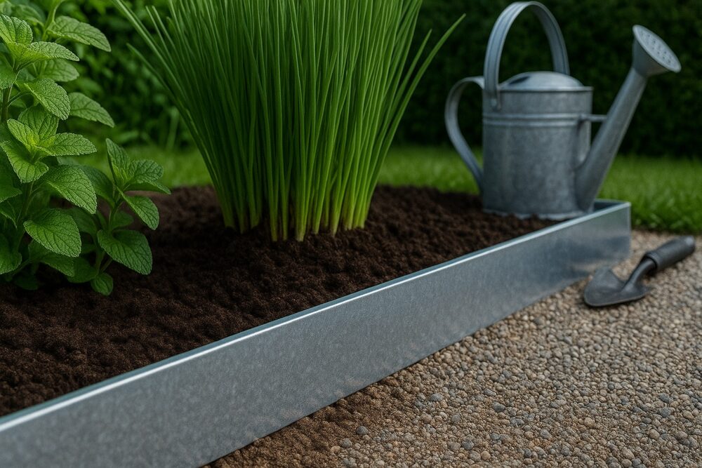 Verzinkte Stahlblech-Beetumrandung mit Kräutern, Gießkanne und Handschaufel im Garten.