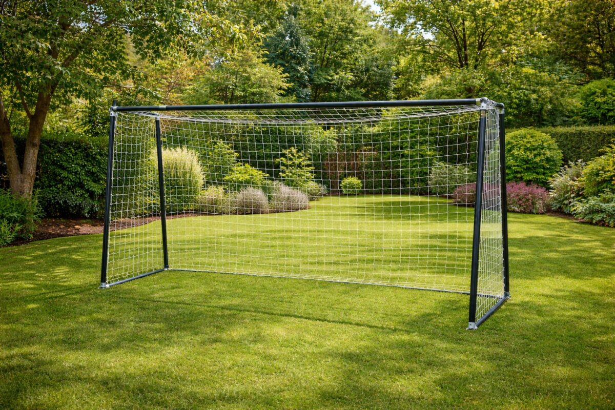 Ein Fußballtor aus Rundrohr Stahl steht frei auf einer Rasenfläche.