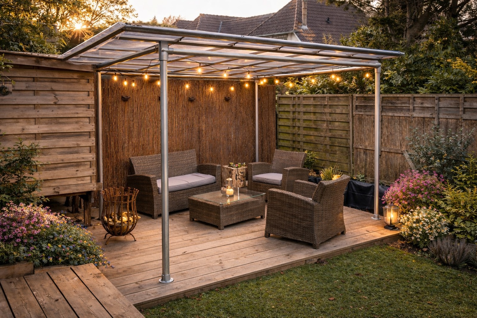 Ein Pavillon aus Rundrohr Stahl steht mit Beleuchtung im Garten.