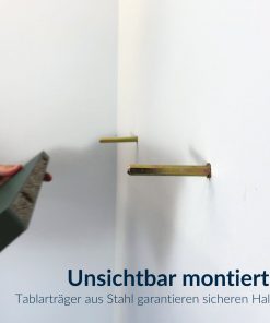 Unsichtbarer Tablarträger ohne rückseitige Umkantung für schwebende Regalböden.