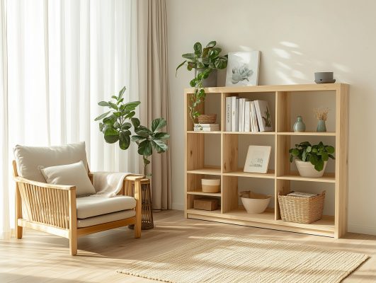 Wohnzimmer mit Regal und Sessel aus hellem Tannenholz.
