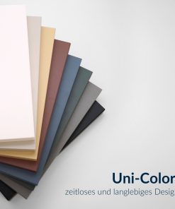 Fächerförmig angeordnete Dekorplatten in verschiedenen Uni-Farben mit matter Oberfläche.