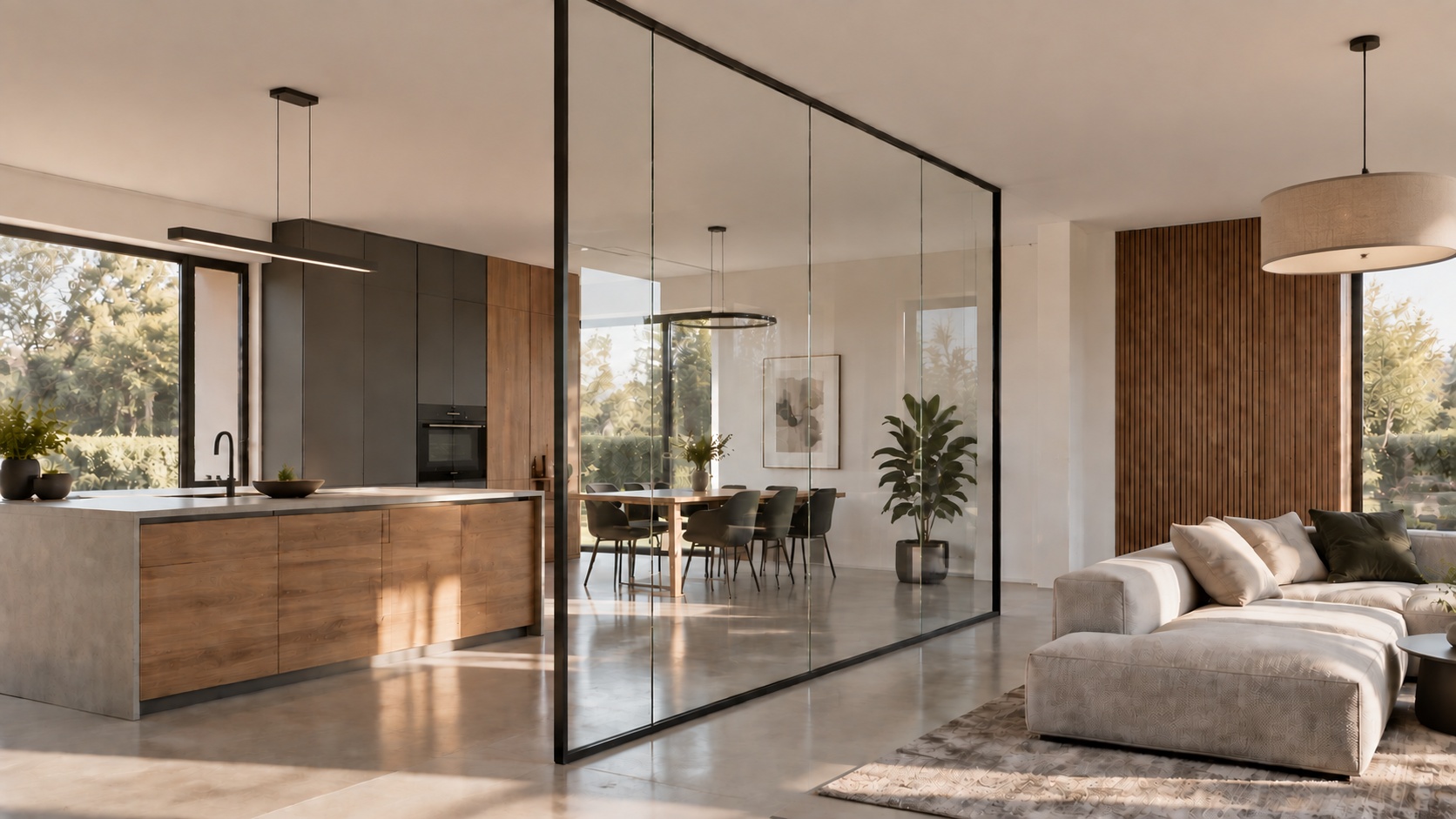 Eine offene Wohnküche mit einer raumhohen Glas-Trennwand, Küchenzeile, Esstisch und Sofa.