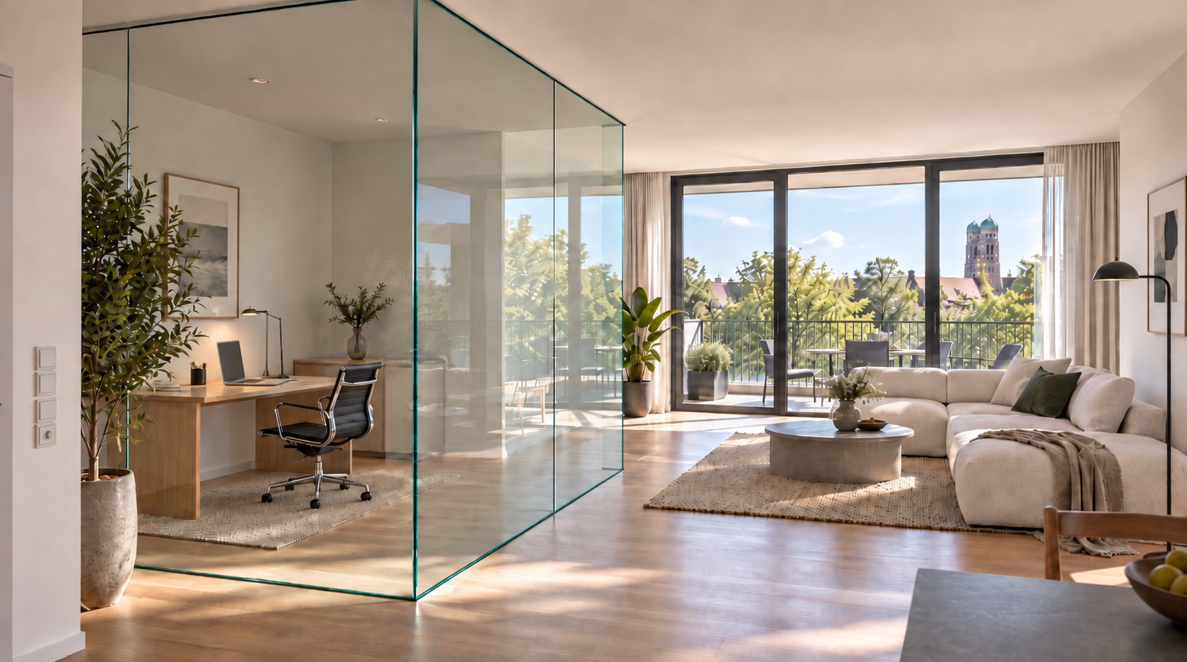Ein modernes Wohnzimmer mit einer transparenten Glas-Trennwand, Sofa, Arbeitsplatz und großen Fenstern.