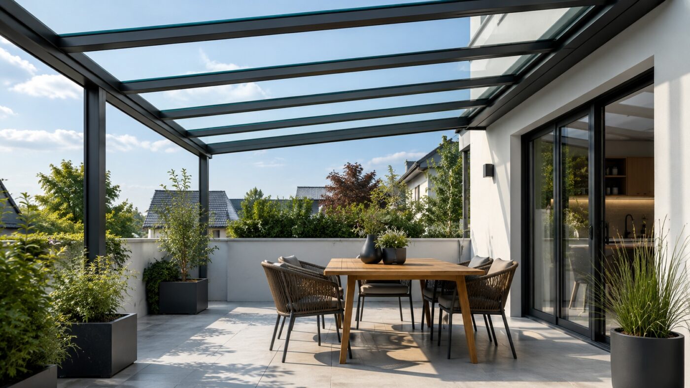 Eine moderne Terrasse ist mit einer transparenten VSG-Überkopfverglasung überdacht.